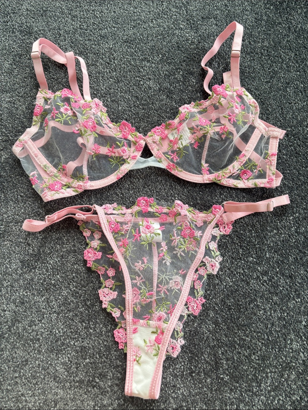 SHEIN Pink Floral Sheer Embroidered Bra & Thong Set